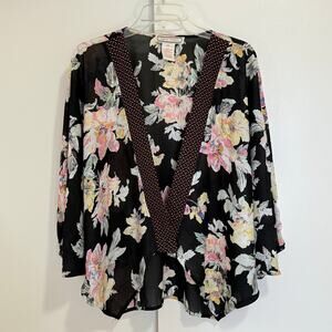 Flying Tomato Black Kimono Floral Flowy Crop Top Bat Sleeves Size M/L